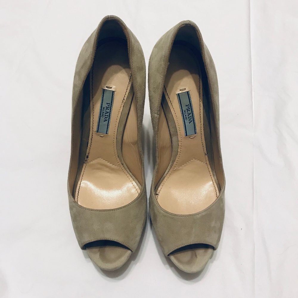 Prada Suede Beige Peep Toe Platform Pumps - 7 / 37